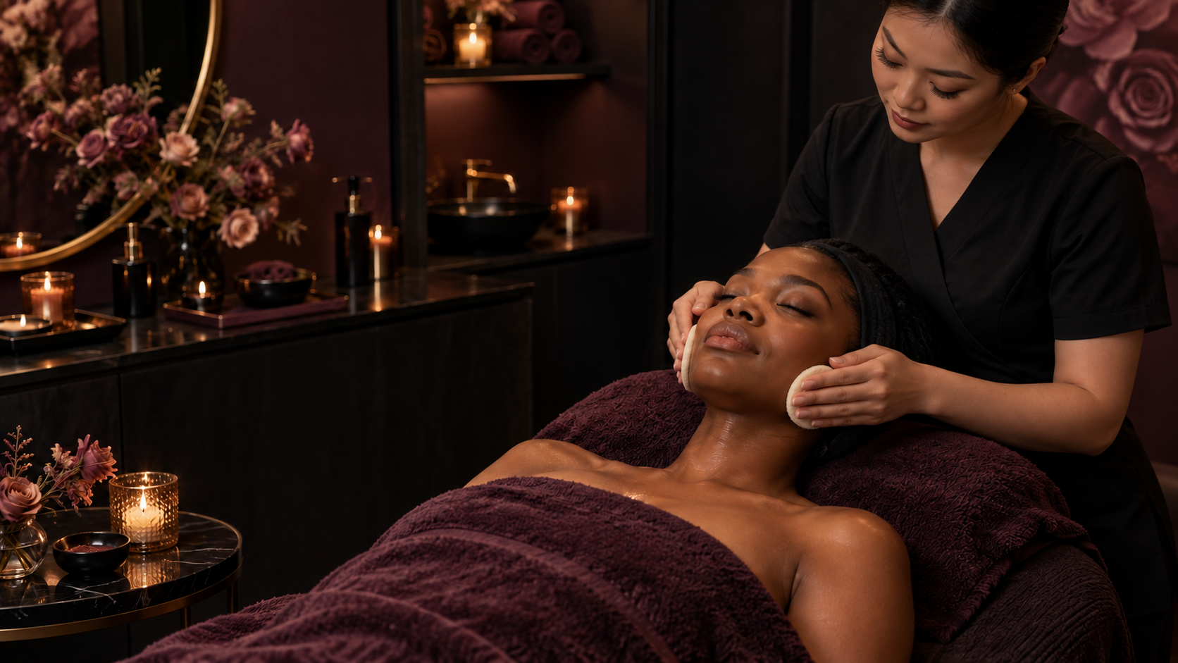 Beauty and self-care experience with warm intimate lighting and women enjoying a luxury wellness ritual.