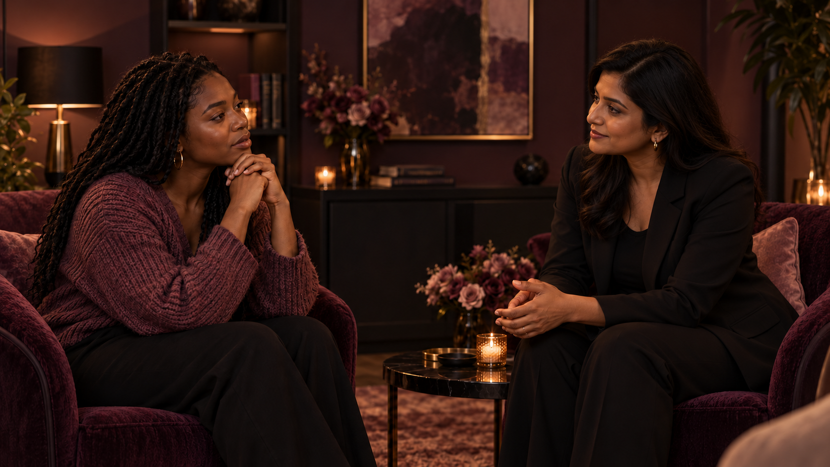 Therapy and emotional wellness support in a calm, encouraging setting with soft rose-toned lighting.
